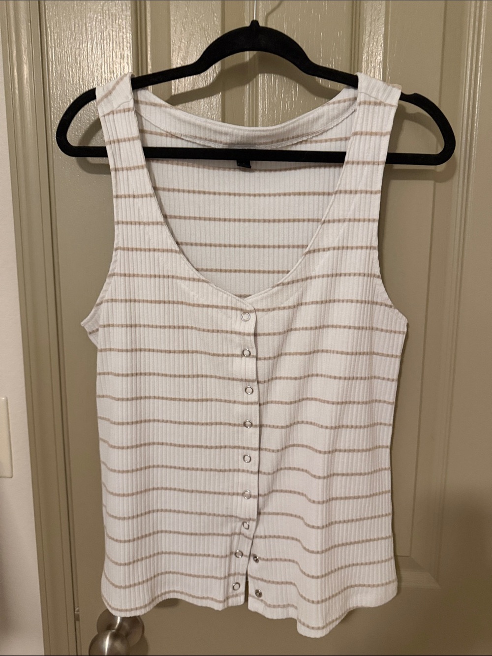 Sleeveless V-Neck Button Front Tank Top - White with Beige Stripes